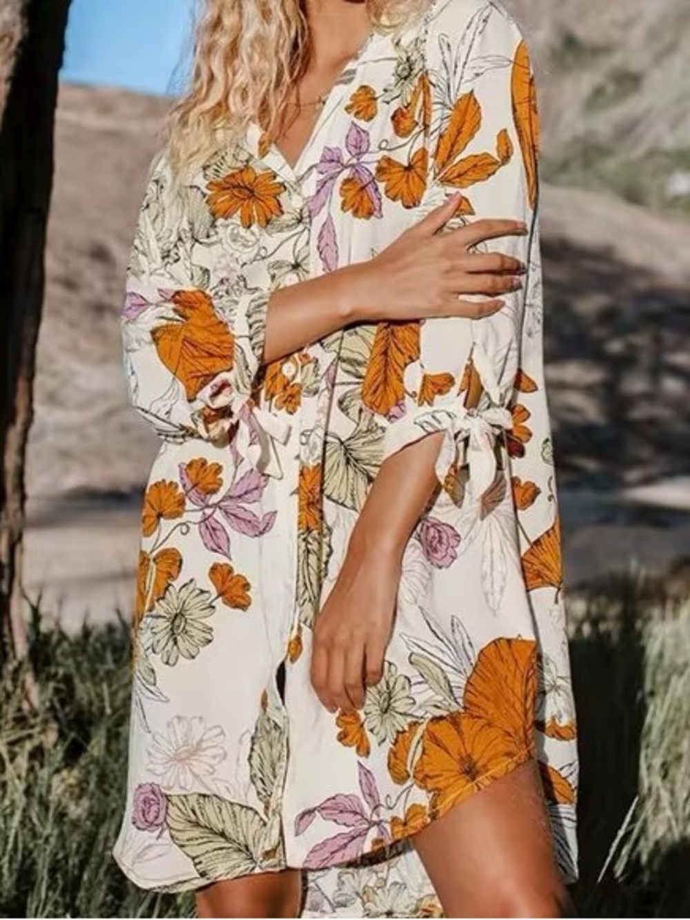 Floral Button-Up Tunic Dress in Cream with Orange & Pink Flowers Size 2X